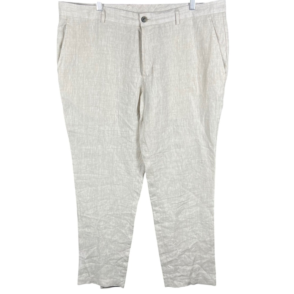 Tasso Elba Linen Pants Mens 38W 32L Beige 100% Linen Flat Front Trousers